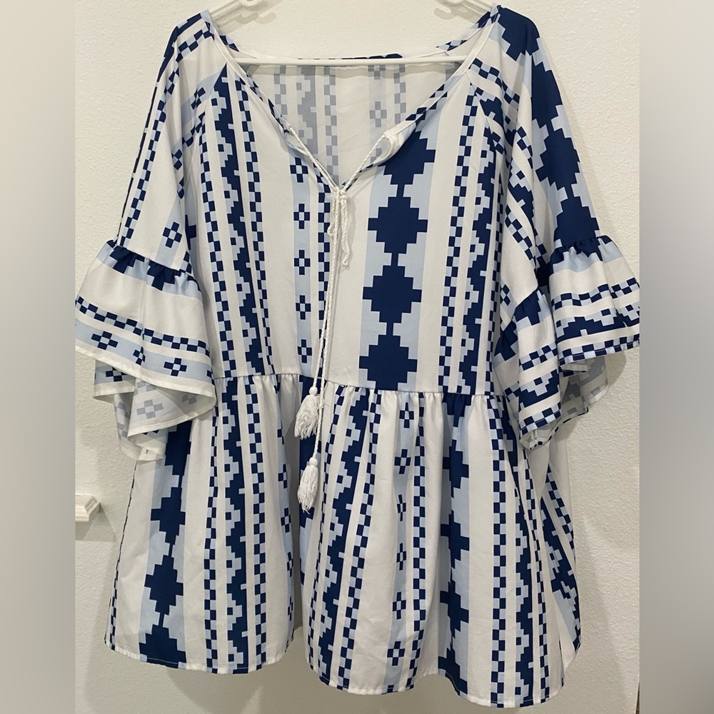 SHEIN Blue and White Boxy Tie Front Blouse